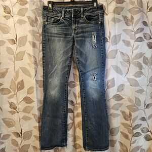 American Eagle Outfitters Lightly Faded Distressed Medium Wash Kick Boot Jeans 4